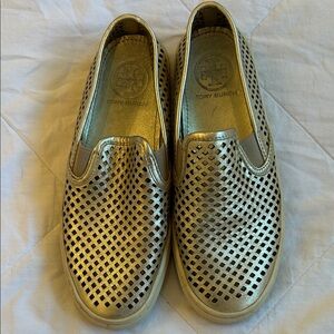 Tory Burch Metallic Gold Perforated Slip-Ons